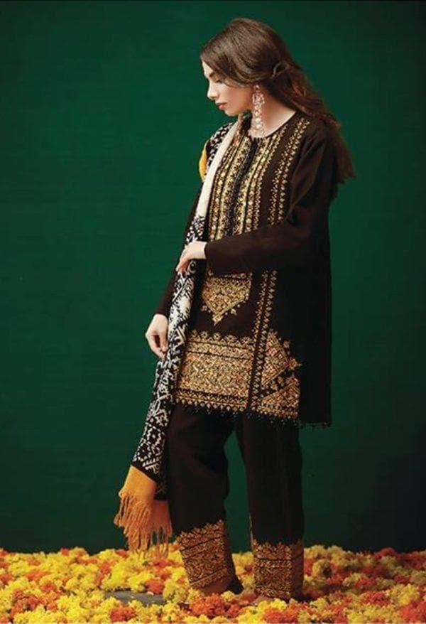 Khaadi KO18403 Black Khaddar Embroidered 3Pc With Woolen Shawl (Unstitched) - Healthifyme.pk