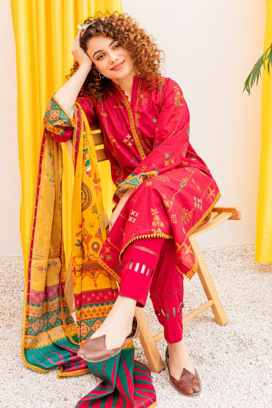 Batik Red Linen Embroidered Unstitched 3 pc dress with Polyster Chiffon Printed dupata- 100383 - Healthifyme.pk