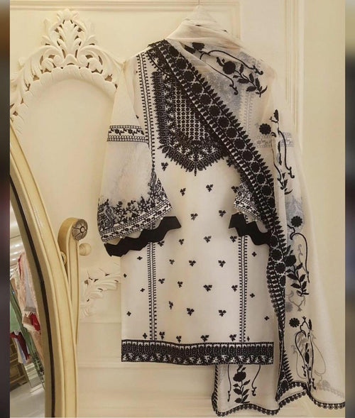 Agha Noor - 093 Embroidered Linenn 3Pc Dress With Bamber Chiffon Duppata (Unstitched) - Healthifyme.pk