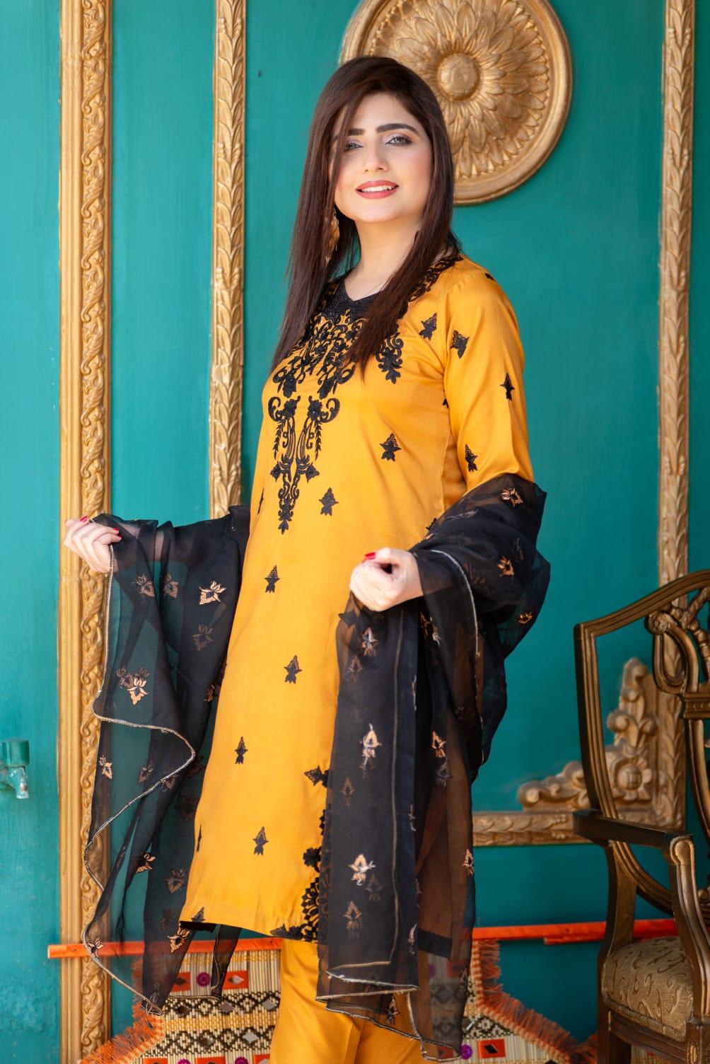 Eden Robe Kataan Silk Embroidered 3Pc Dress With Organza Embroidered Duppata – 100216 - Healthifyme.pk